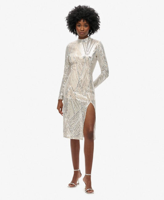 Open Back Chevron Midi Slim Fit Dress | Silver Sequin