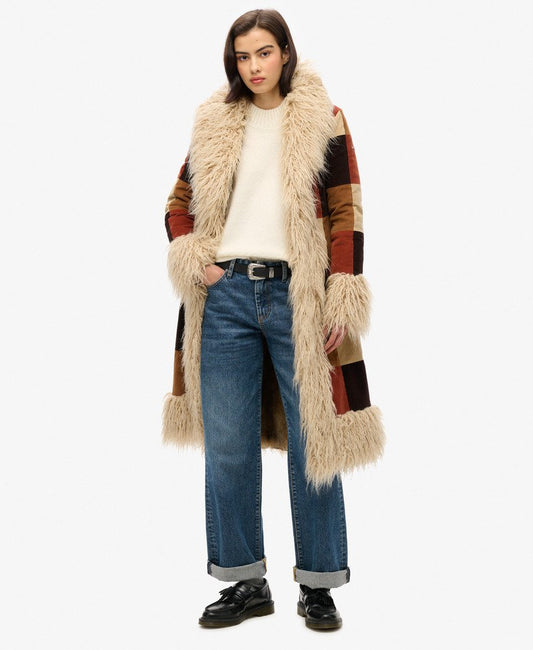 Patchwork Long Afghan Slim Fit Coat | Brown Patchwork Cord