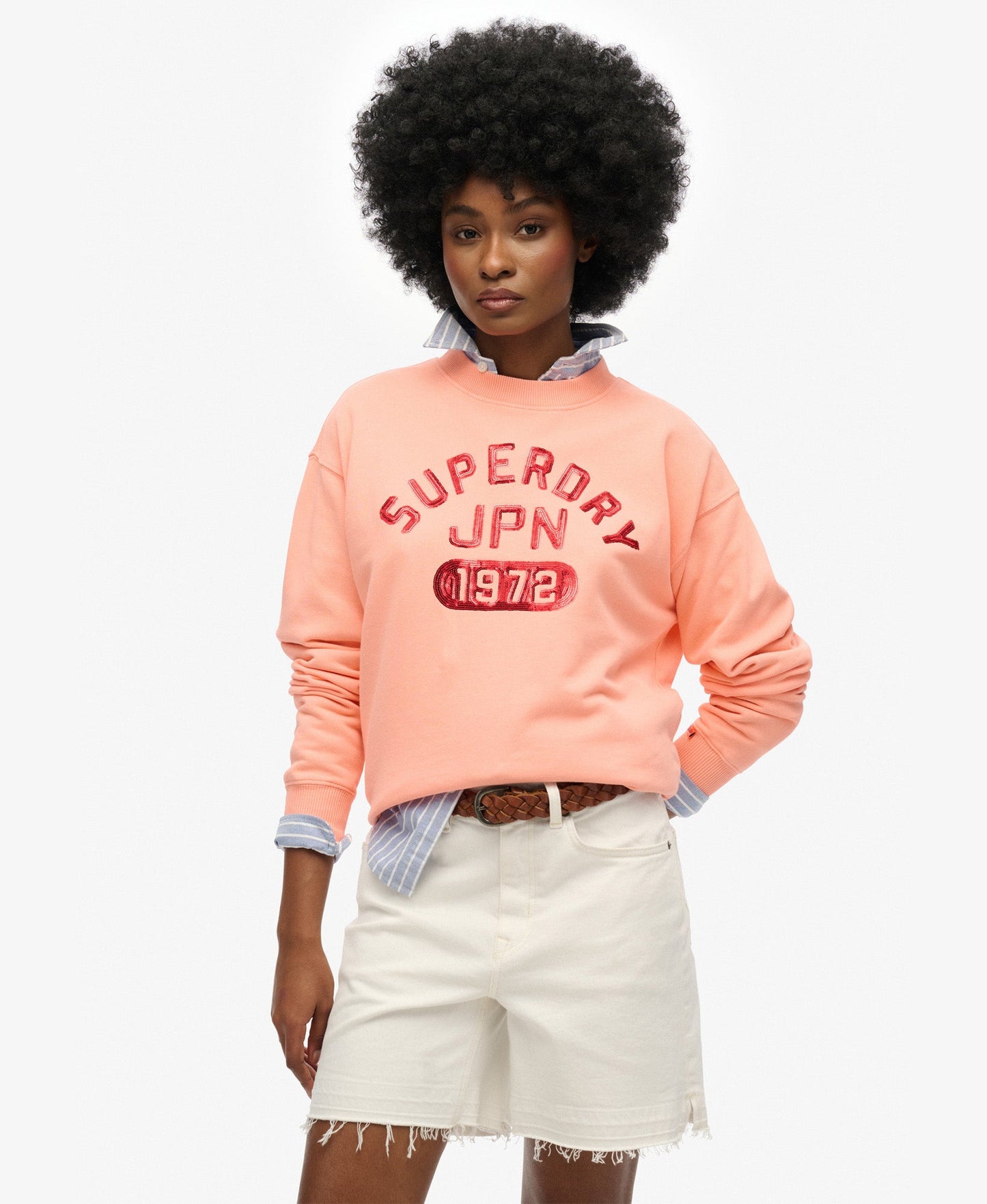 Embellished Varsity Loose Crew | Peach Amber