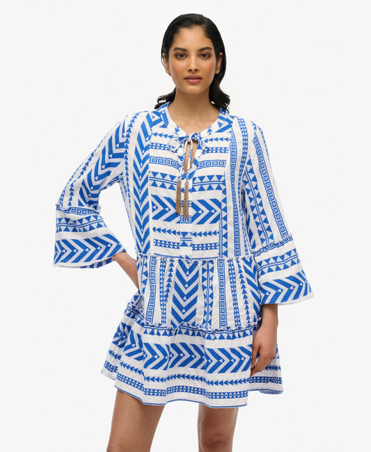 Ibiza Long Sleeve Tiered Mini Dress | Ecru Blue Emb