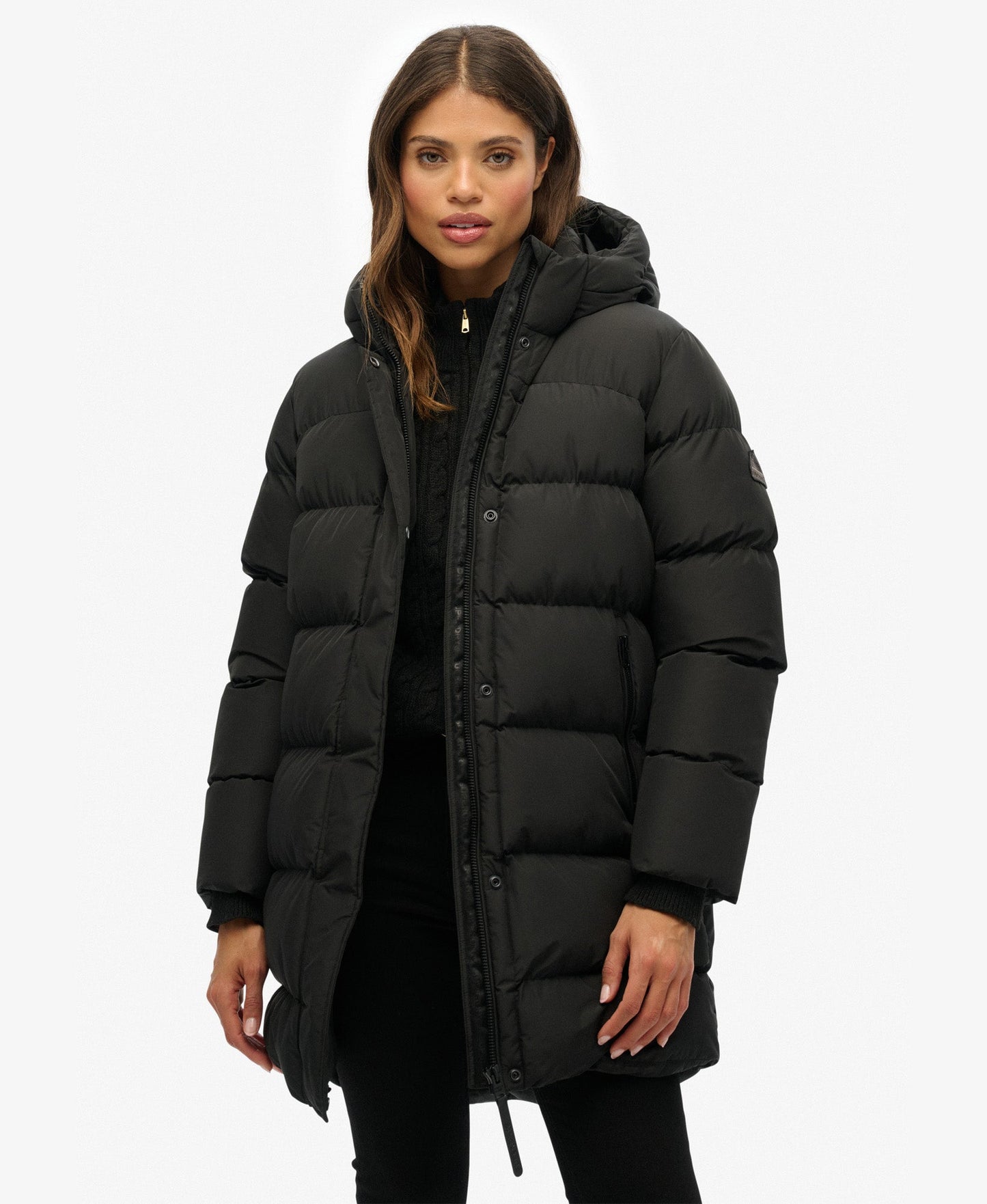 Hooded Sports Puffer Mid Jacket | Black