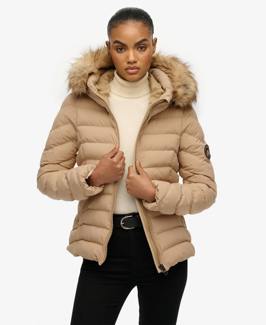 Fuji Faux Fur Slim Fit Hood Padded Jacket | Shaker Beige