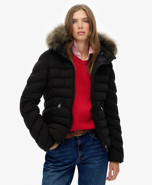 Fuji Faux Fur Slim Fit Hood Padded Jacket | Black