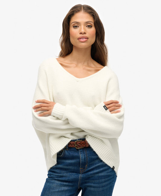 Brushed Os V Neck Jumper | Snow White Twist