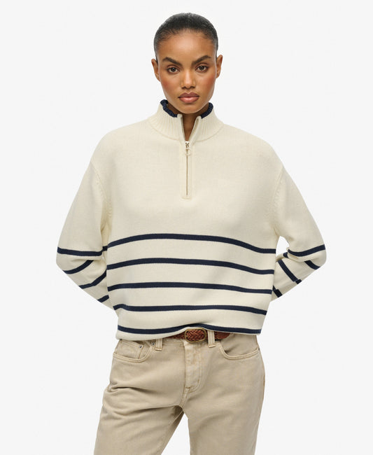 Cotton Half Zip Knit | Off White Richest Navy Stripe