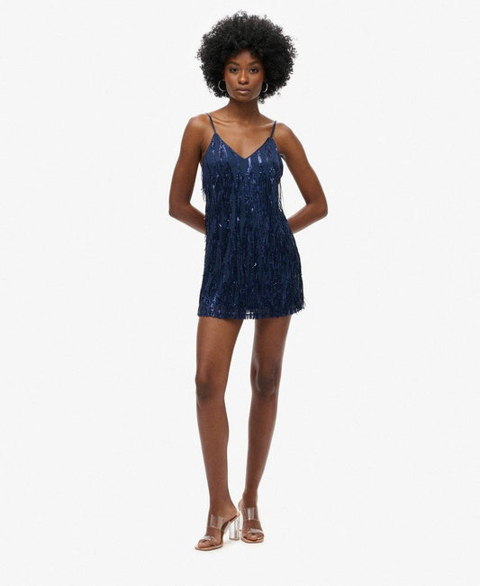 Fringe V Neck Cami Mini Slim Fit Dress | Navy Sequin