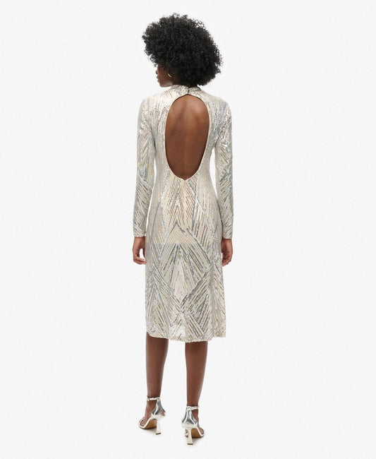 Open Back Chevron Midi Slim Fit Dress | Silver Sequin