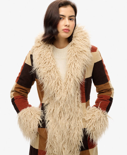 Patchwork Long Afghan Slim Fit Coat | Brown Patchwork Cord