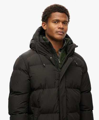 Hooded Sports Puffer Mid Jacket | Black