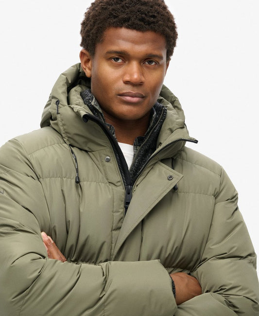 Hooded Sports Puffer Mid Jacket | Dusty Olive Green