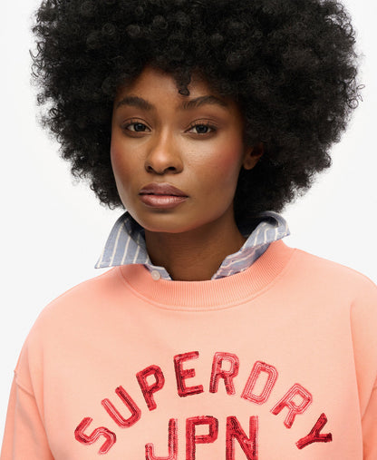 Embellished Varsity Loose Crew | Peach Amber