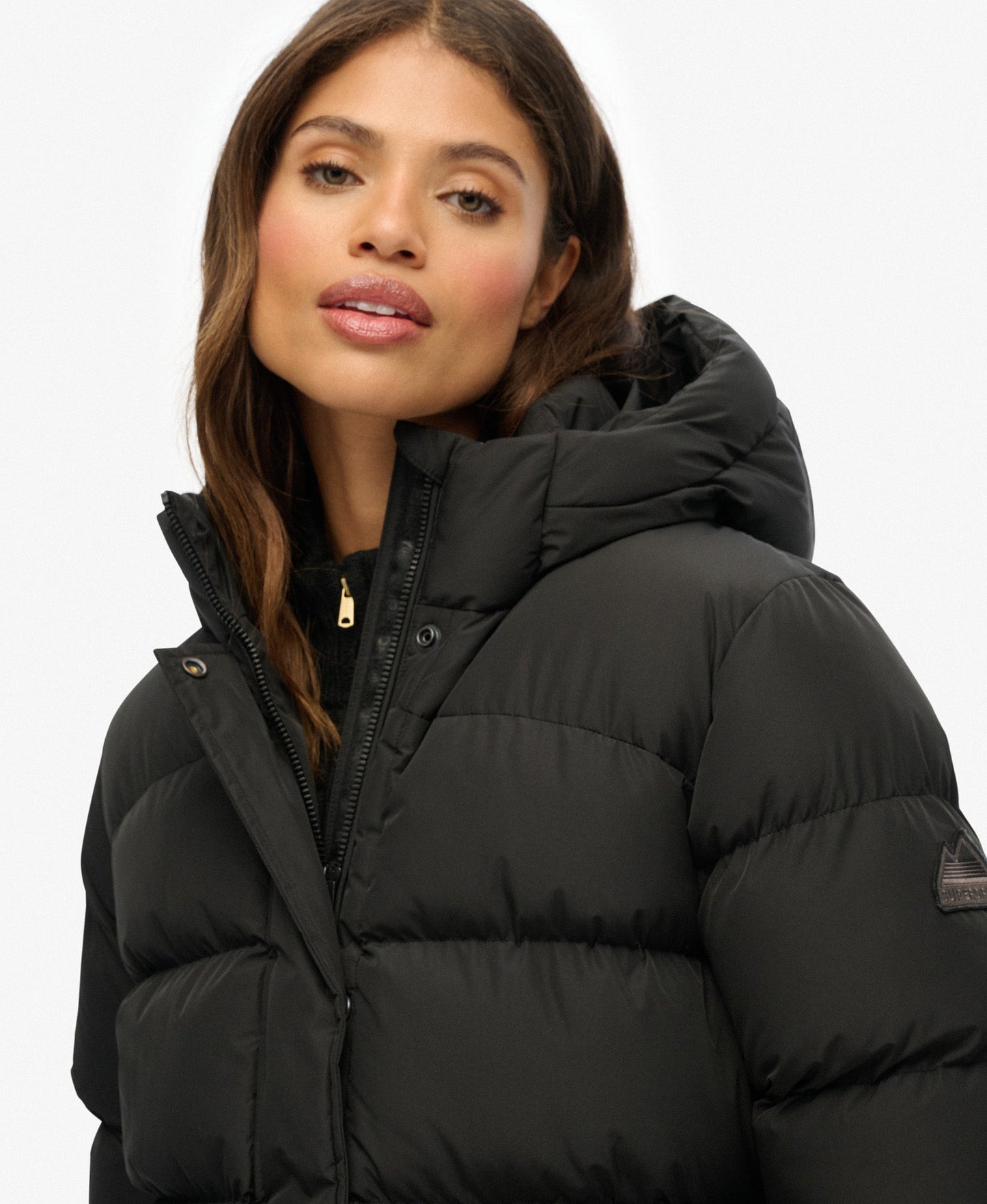 Hooded Sports Puffer Mid Jacket | Black