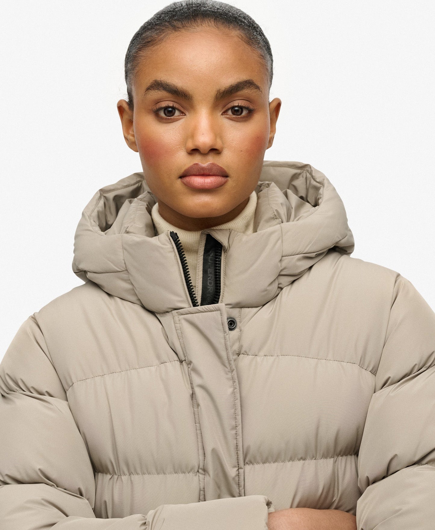 Hooded Sports Puffer Mid Jacket | Winter Twig Beige