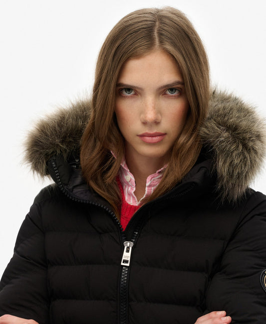 Fuji Faux Fur Slim Fit Hood Padded Jacket | Black