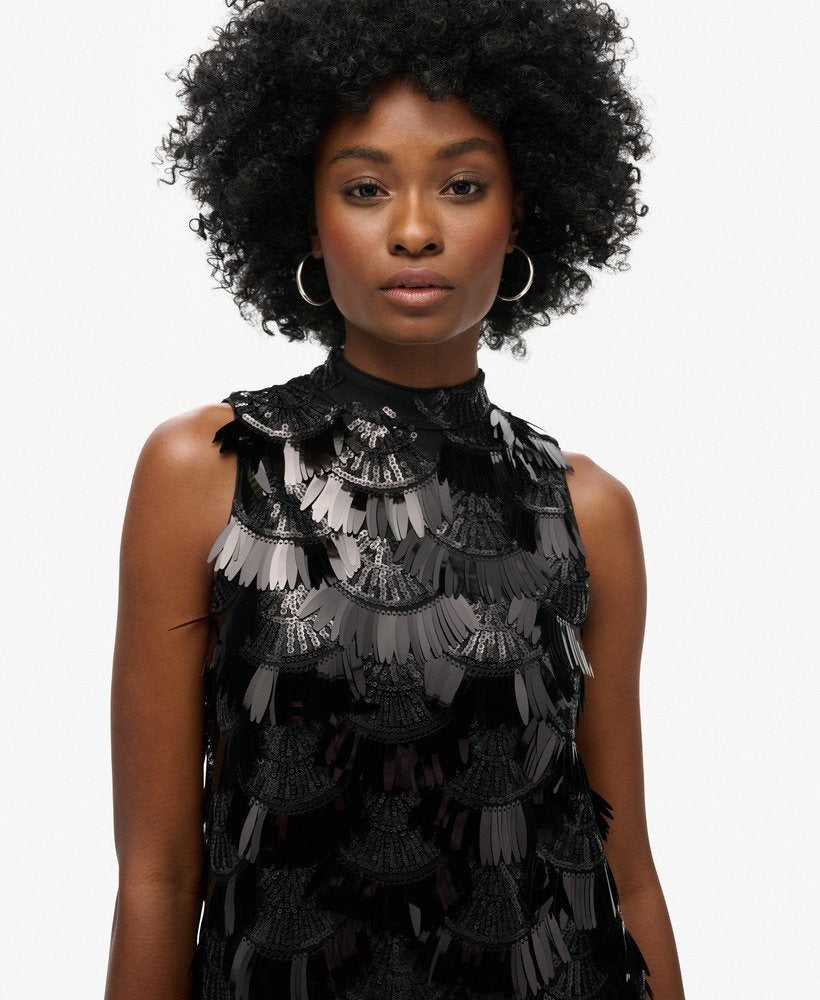 A-Line Fringe Sequin Dress | Black Sequin