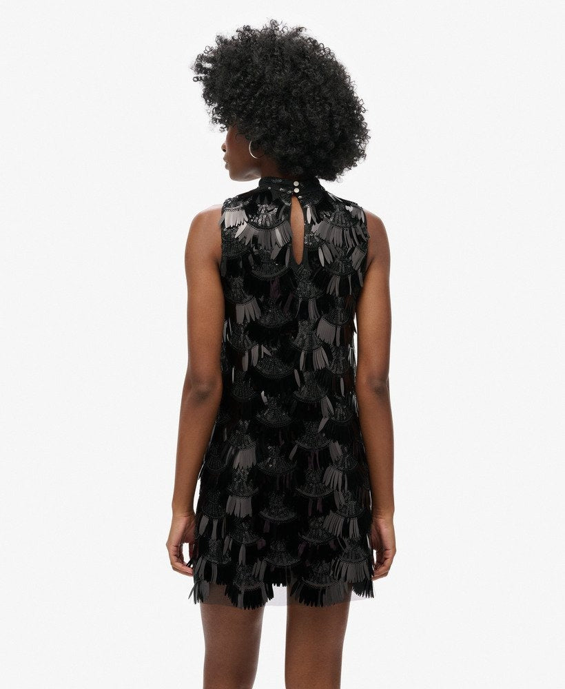 A-Line Fringe Sequin Dress | Black Sequin