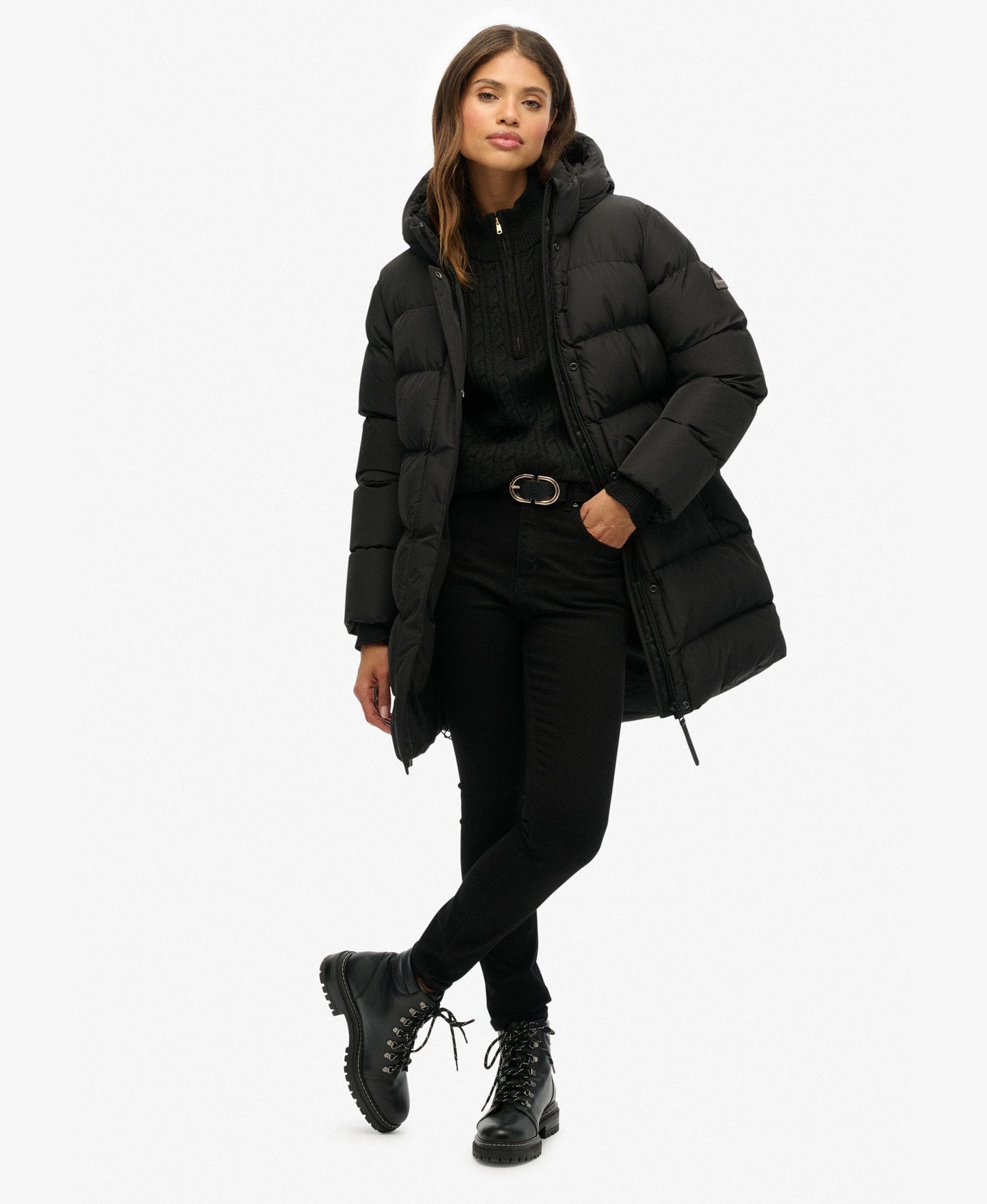 Hooded Sports Puffer Mid Jacket | Black