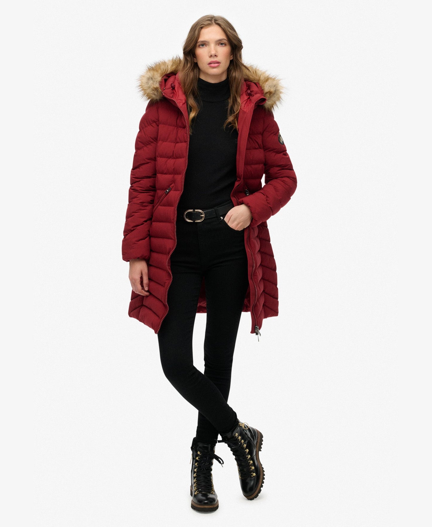 Fuji Hooded Mid Length Jacket | Wine Red