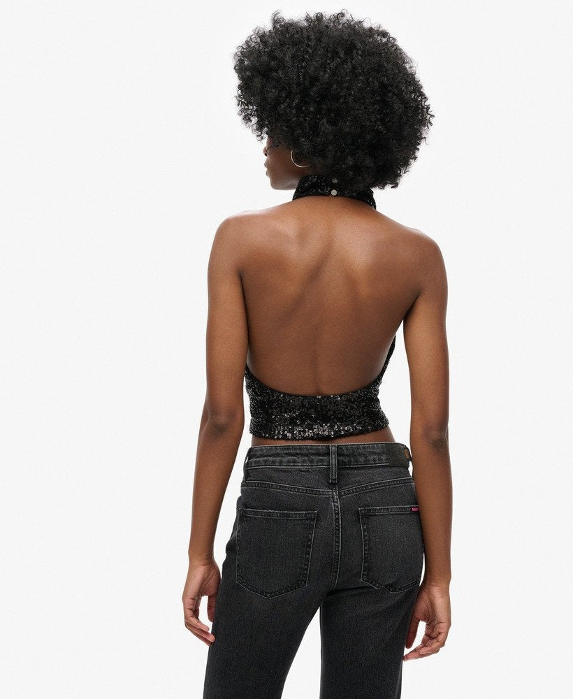 Halter Neck Sequin Slim Fit Top | Black Plain Sequin