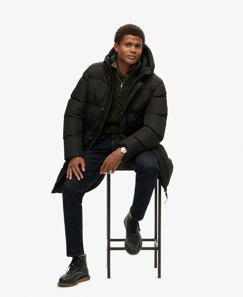Hooded Sports Puffer Mid Jacket | Black