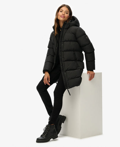 Hooded Sports Puffer Mid Jacket | Black