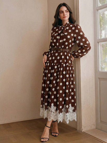 Women's Polka Dot Chiffon Lace Splice Tie Waist Elegant Dress
