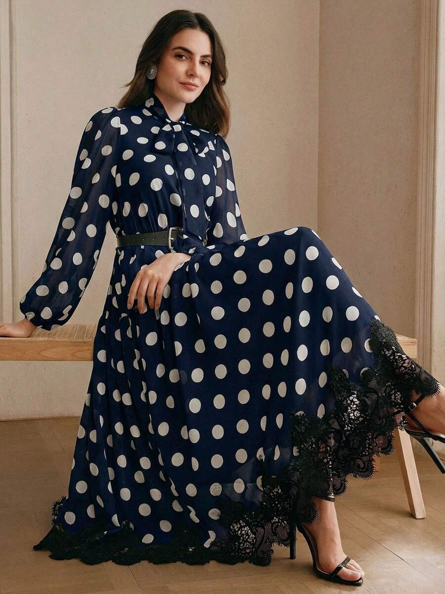 Women's Polka Dot Chiffon Lace Splice Tie Waist Elegant Dress