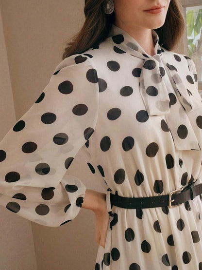 Women's Polka Dot Chiffon Lace Splice Tie Waist Elegant Dress