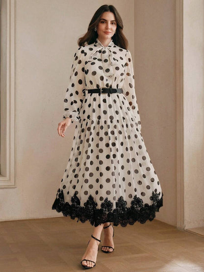 Women's Polka Dot Chiffon Lace Splice Tie Waist Elegant Dress