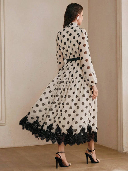 Women's Polka Dot Chiffon Lace Splice Tie Waist Elegant Dress
