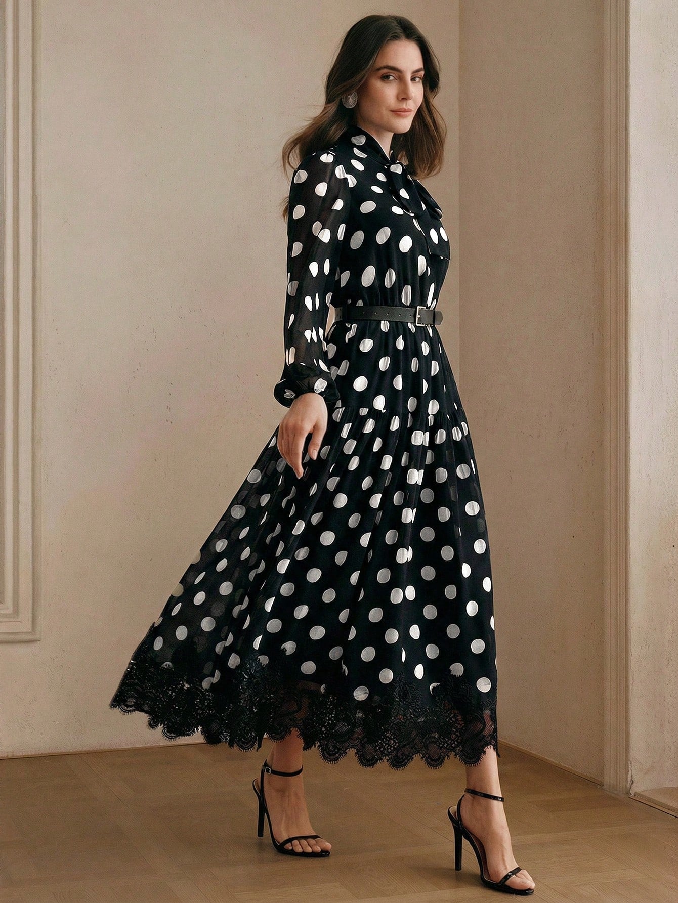 Women's Polka Dot Chiffon Lace Splice Tie Waist Elegant Dress
