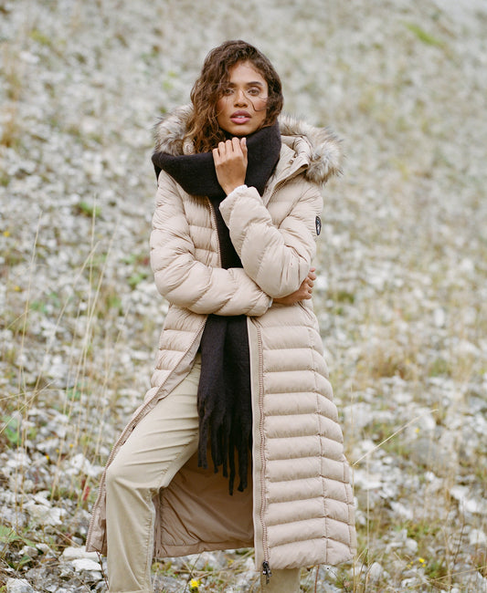 Fuji Faux Fur Hooded Longline Slim Fit Jacket | Shaker Beige